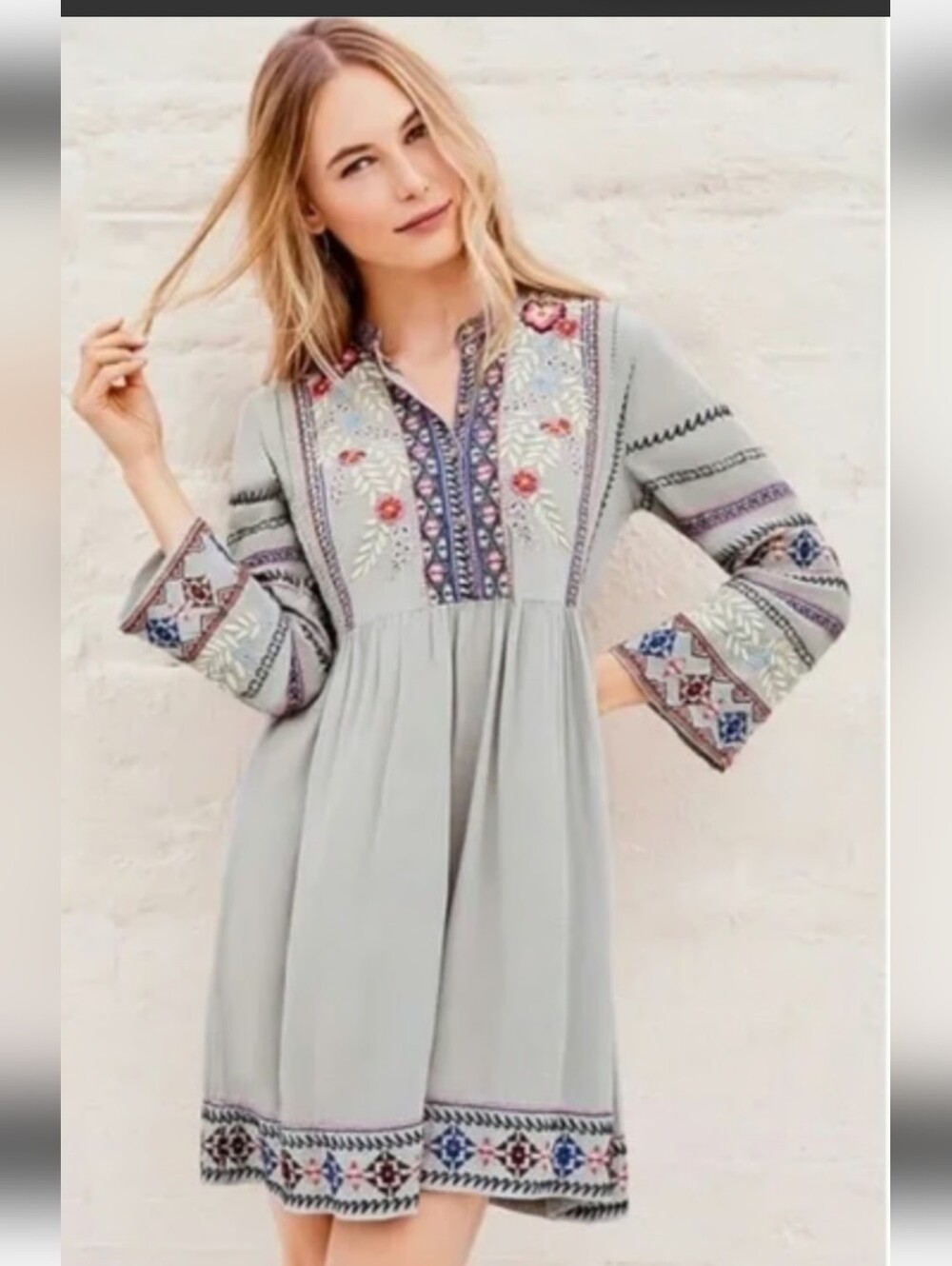 JOHNNY WAS Ellie Silk Dress Embroidered Spell Boho Chic Festivalcore Grey - Picture 2 of 14